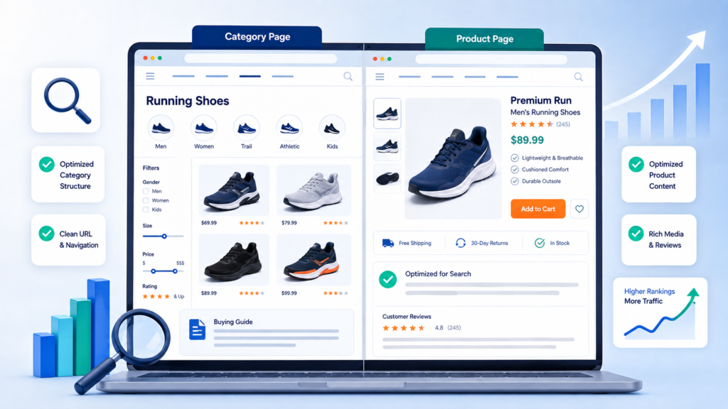Category page optimization, Product page optimization, Product structured data